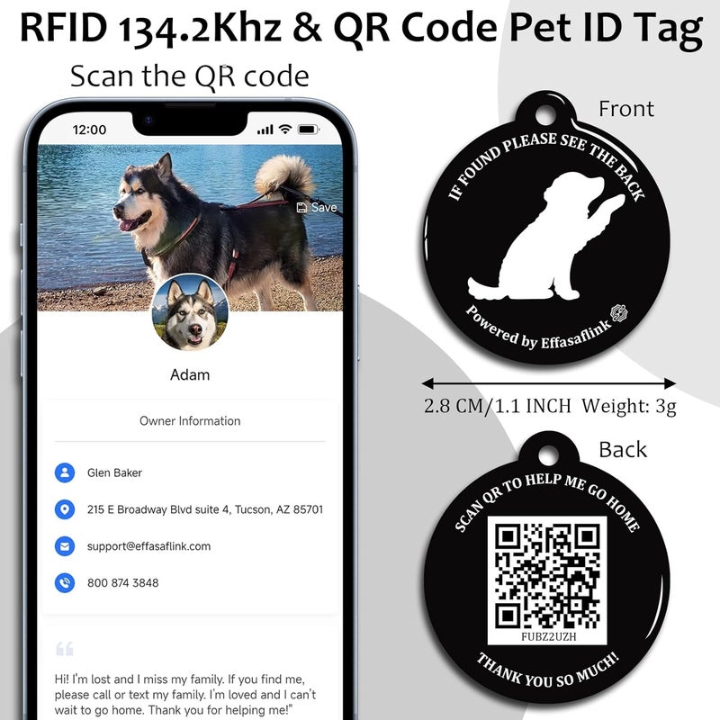 Effasaflink RFID 134.2Khz & QR Code Pet ID Tag, Collar Tag, Dual Function - Scan QR for Helping Lost Pets Go Home, Replace RFID Microchip for Smart Auto Pet Door and Feeder (Black-Dog) - Image 2